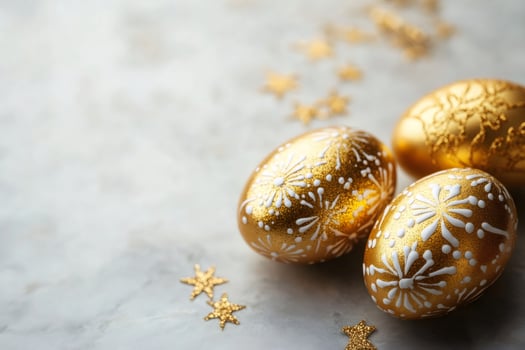Golden easter eggs decorated with white ornaments and glitter stars on marble background photo