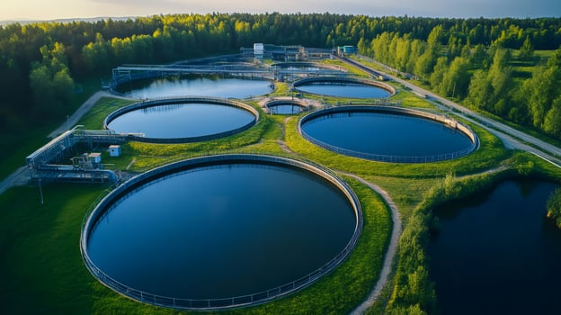 Modern wastewater treatment plant cleaning polluted water surrounded by green nature photo