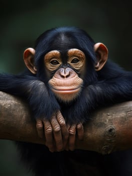 Baby chimpanzee resting on a branch in the jungle photo
