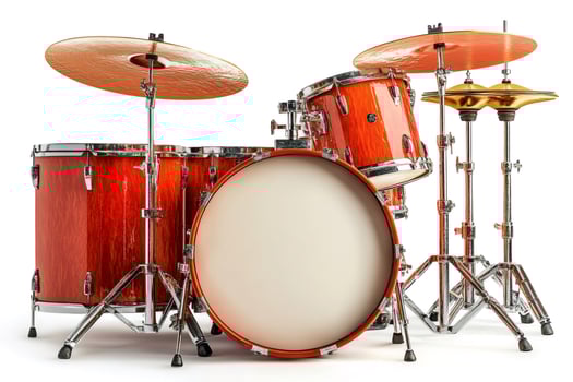 Orange drum set stands ready for a drummer on white background photo