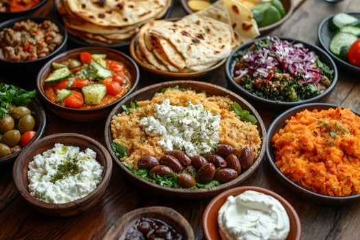 Mediterranean mezze platter featuring rice, feta, and olives on rustic wooden table photo