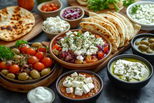 Variety of middle eastern dips, salads, and pita bread creating a vibrant mezze platter photo