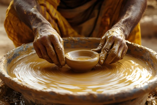 Potter creating small bowl on pottery wheel using traditional techniques photo