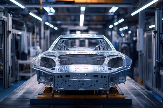 Car body frame being produced on assembly line in a modern car factory photo