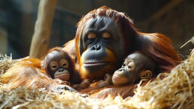 Mother orangutan embracing two babies in a nest of straw. . photo