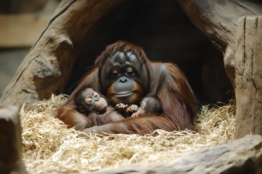 Mother orangutan embracing two babies in nest. . photo