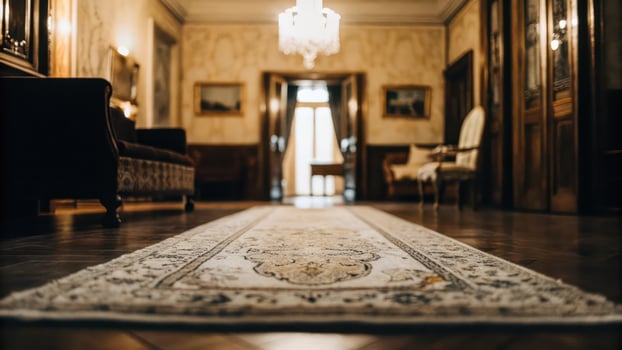 A long rug is on the floor in a hallway photo