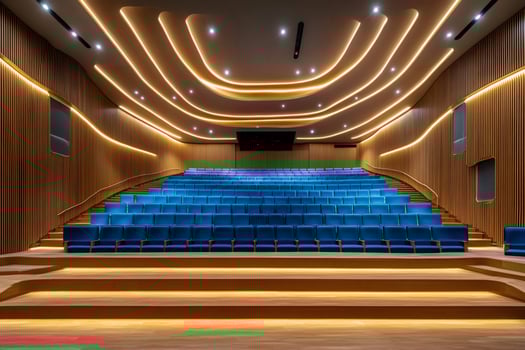 Modern auditorium with blue seats and wooden stage lighting up photo