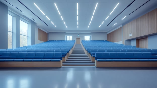 Empty modern conference hall with blue seats and bright lighting photo