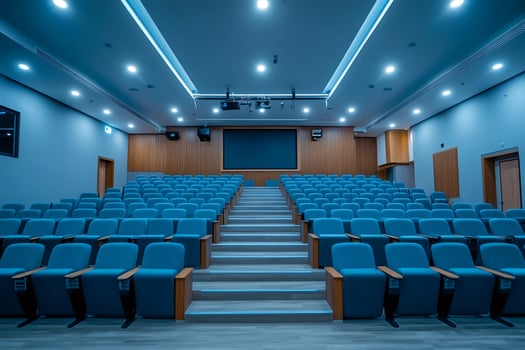 Empty modern conference hall with blue seats and stage lighting photo