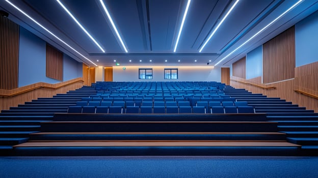 Modern conference hall with blue seats and wooden accents illuminating inspiration photo