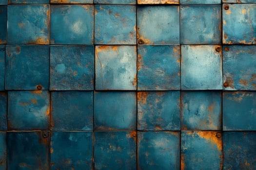 Weathered turquoise metal tiles creating textured wall background photo