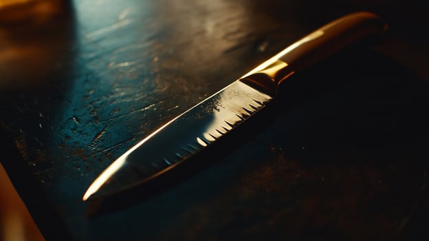 Sharp kitchen knife on dark surface photo
