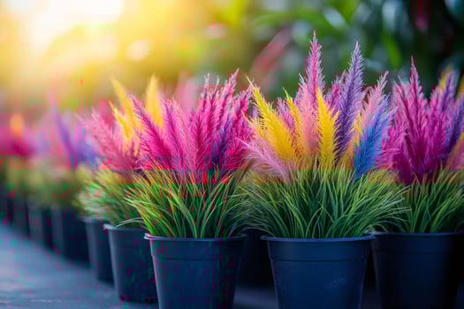 Colorful artificial flowers shining in the sunlight in flowerpots photo