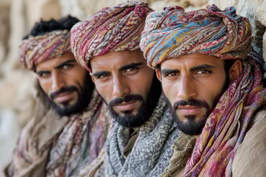 Three men in traditional clothing are looking at the camera photo