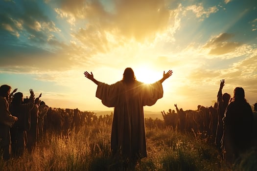 Jesus christ blessing his followers at sunrise in a field photo