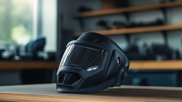 Labour Day. Modern black welding helmet on a table photo