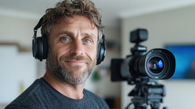 A man with headphones and a camera photo