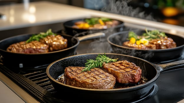 Steak cooking on a stove top photo
