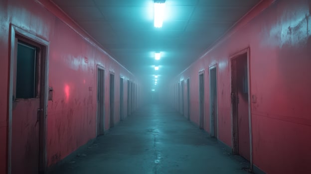 dimly lit corridor with pink walls and fog, creating spooky atmosphere photo