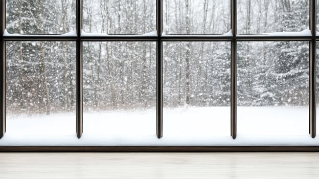 winter landscape viewed through modern glass window, showcasing falling snow photo
