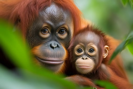 Mother orangutan embracing her baby in the jungle... photo