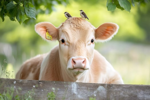 Cow standing behind wooden fence with two birds perching on its head photo