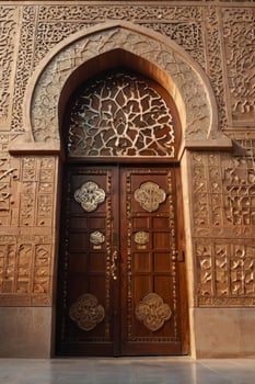 Elaborate Wooden Doorway with Carved Stone Arch and Intricate Details photo