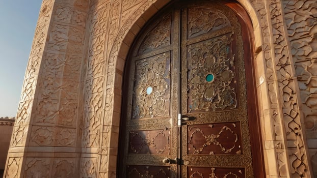 Elaborate Ancient Wooden Doorway with Intricate Carvings and Stone Archway photo