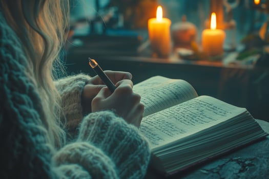 A young woman with wavy hair writes in her journal by candlelight, surrounded by a cozy, warm atmosphere. photo