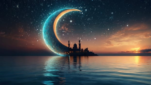 Majestic Mosque Silhouette with Crescent Moon and Starry Sky Reflection photo