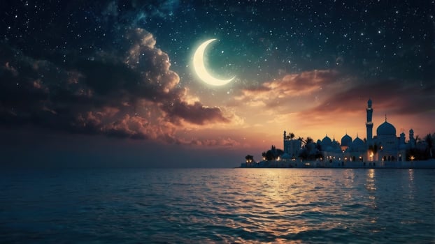 Mosque Silhouette at Night with Crescent Moon Over Ocean photo