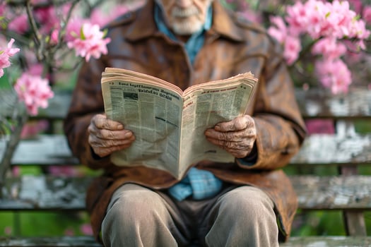 An elderly man of Caucasian descent reading a newspaper on a park bench, surrounded by blooming pink azalea flowers. photo