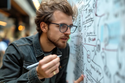 Focused young male artist with curly hair and glasses brainstorming ideas on a creative mind map. photo