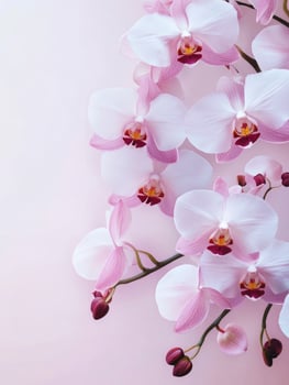Blooming Orchid Branch with White and Pink Petals on Pastel Background photo