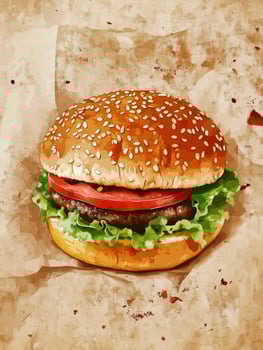 Delicious Sesame Seed Burger with Tomato and Lettuce on Paper photo