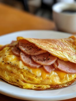 Delicious Ham and Cheese Omelet Breakfast Plate with Coffee Cup photo