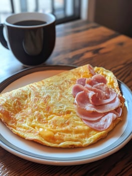 Omelet with Ham and Coffee Served on Plate for Breakfast photo