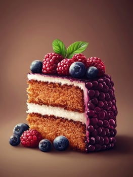 Delicious Cake Slice with Berries and Cream for Dessert photo