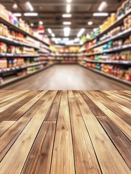 Wooden Surface Over Grocery Store Aisle Background for Product Display photo