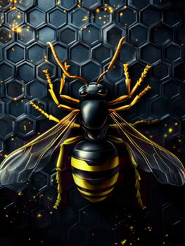 Stylized Wasp on Hexagon Surface with Golden Accents Art Illustration photo