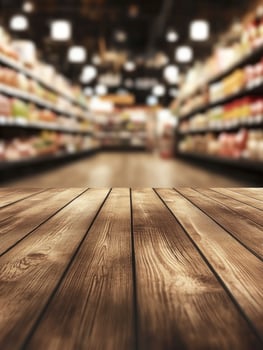Wooden Tabletop Perspective with Blurred Supermarket Aisle Background for Product Display photo