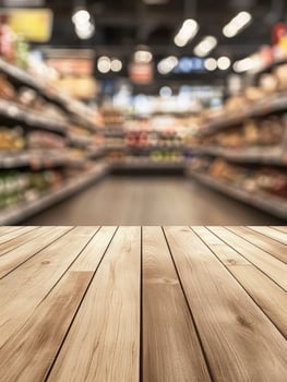 Wooden Tabletop Over Supermarket Aisle Product Display Mockup Backdrop photo