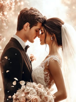 Elegant Wedding Couple Embracing Tenderly in Romantic Soft Light Setting photo