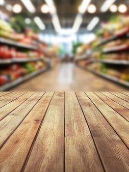 Wooden Table Top with Blurred Supermarket Aisle Background Perfect for Display photo