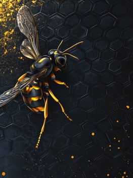 Detailed Wasp Illustration Against Hexagon Background with Gold Accents photo