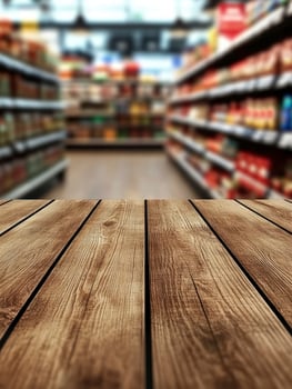 Wooden Table Surface with Blurred Supermarket Aisle Background for Product Display photo