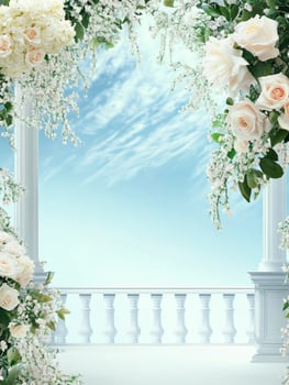 Elegant White Flower Decoration on Balcony Overlooking Sky Wedding Backdrop photo