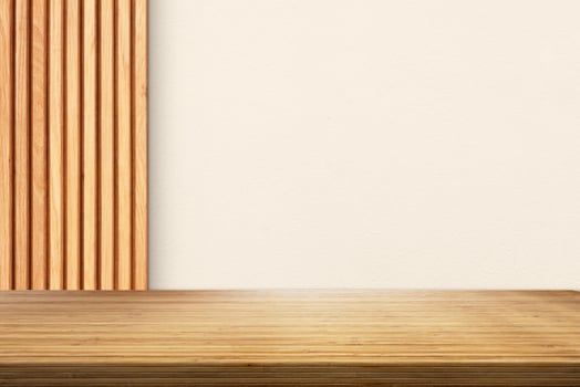 Bamboo Table Top in Japandi Style and Wooden and Antique White Wall Background photo