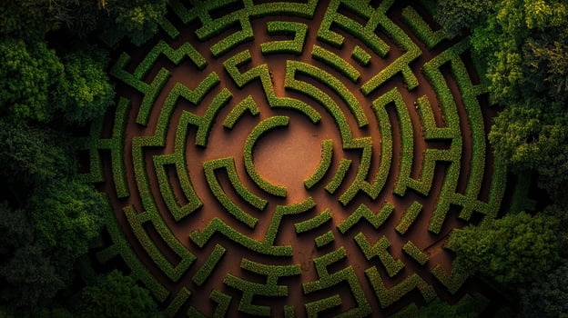 A circular maze surrounded by trees and bushes photo